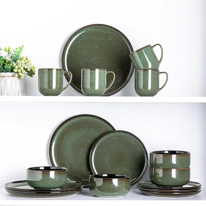 LERATIO Ceramic Dinnerware Sets for 416-PieceReactive Glaze Plates and Bowls Set with MugsHighly Chip and Crack Resistant | DishwasherMicrowave &amp Oven Safe Dishes set-Green