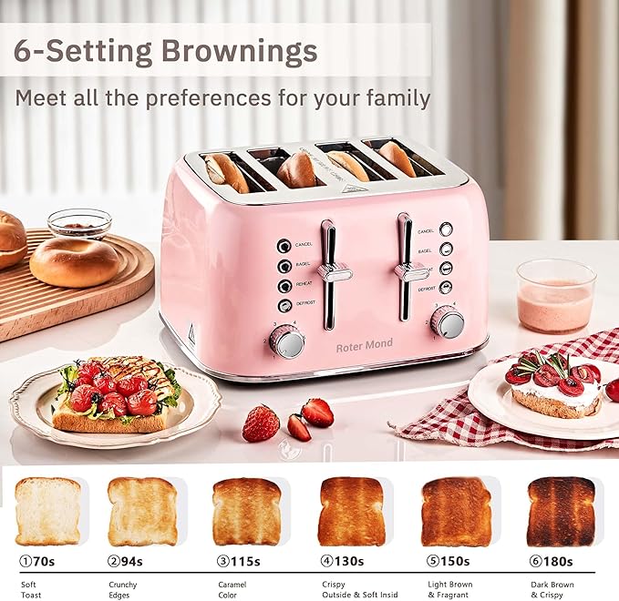 Roter Mond Toaster 4 Slice Retro Stainless Steel with Extra Wide Slots Bagel Defrost Reheat Function Dual Independent Control Panel Removable Crumb Tray 6 Browning Levels Pink