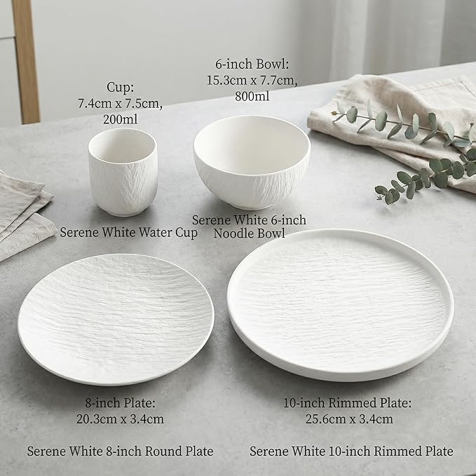 Wabi Sabi Stone Texture Ceramic Dinnerware Set 16-Piece Matte Bowl &amp Plate Set - 10” &amp 8” Plates Bowl Cups - Minimalist Stoneware for Modern Dining (Black/White) (white)