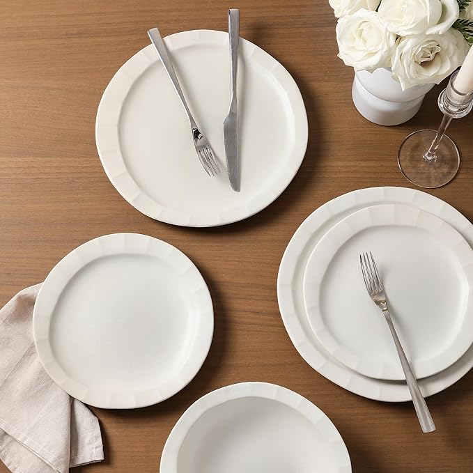 Stone Lain Oasis Stoneware 24 Piece Dinnerware Set Home Kitchen Dish Set with Dinner Plates Salad Plates &amp Bowls - Service for 8 White