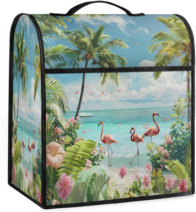 Kitchen Aid Mixer Cover Summer Flamingo Beach Flowers Stand Mixer Cover Compatible with 6-8 Quarts Stand Mixers Dust Covers with Zipper Pocket Foldable Washable Kitchen Aid Organizer Bag