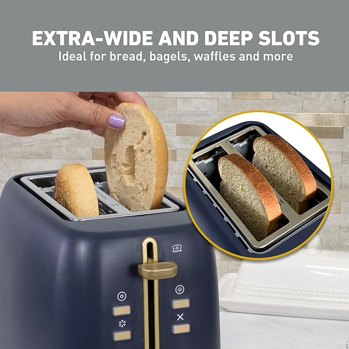 West Bend Timeless 2-Slice Toaster with 7 Browning Levels Bagel/Waffle/Defrost Settings High-Lift Lever Anti-Jam Easy-Clean Crumb Tray 2-Slice Blue/Gold