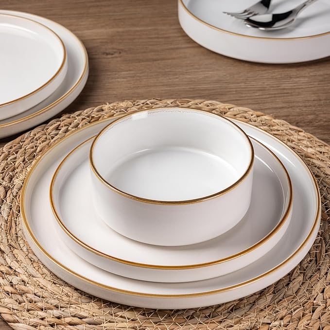 GBHOME Ceramic Dinnerware Sets for 4 12 Pieces Stoneware Plates and Bowls Sets Reactive Glaze Dishes -Scratch Resistant Dishwasher&ampMicrowave Safe-Pearl White