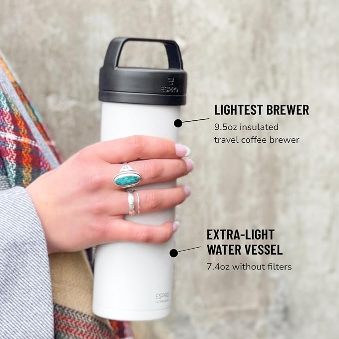 ESPRO P0 Ultralight French Press Coffee Maker for Travel Vacuum Insulated Stainless Steel 16 Ounces Chalk White