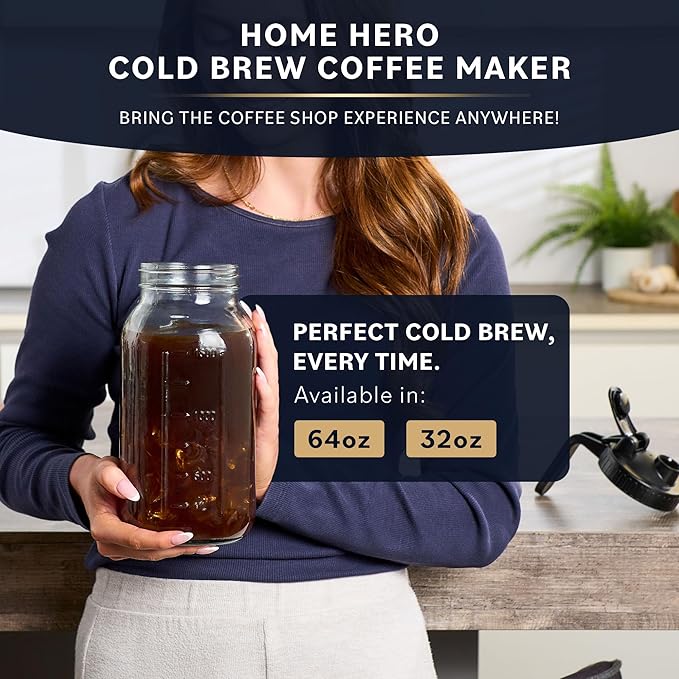 Home Hero Cold Brew Coffee Maker Glass Pitcher - Easy Mason-Style Cold Brew Jar - Smooth Iced Coffee Maker Experience - Leakproof Flip Cap &amp On-the-Go Lid for Iced Tea Pitcher - 64 Oz Black