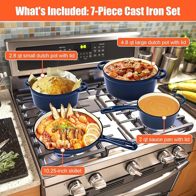 QuliMetal Nonstick Enameled Cast Iron Cookware Set Frying Pan Skillet- 7-Pcs Pots and Pans with Lid Healthy Round Dutch Oven Pot for Sourdough Bread Baking Oven Safe up to 500° F or on All Stovetop