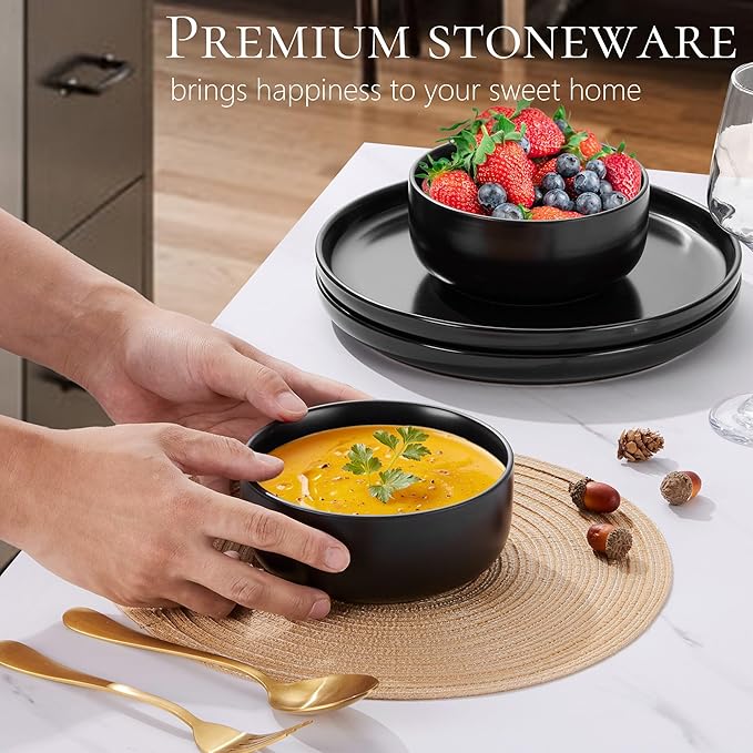 Vesteel Dinnerware Sets for 4 12-Piece Stoneware Dish and Bowls Set Handmade Reactive Glaze Coupe Plates Set for Family Chip &amp Scratch Resistant - Matte Black