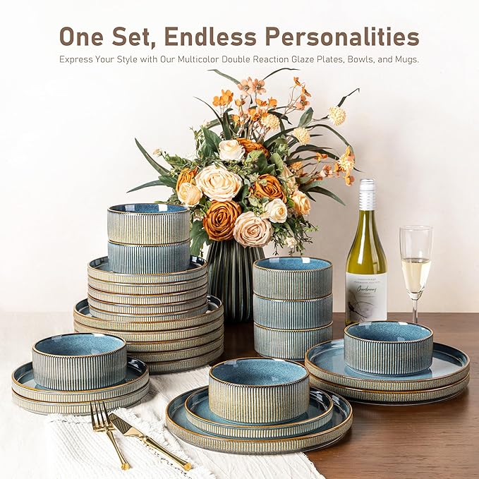 GBHOME 24-Piece Stoneware Dinnerware Set for 8 – Ribbed Ceramic Plates and Bowls Scratch-Resistant Microwave &amp Dishwasher Safe Reactive Glaze Deep Ocean