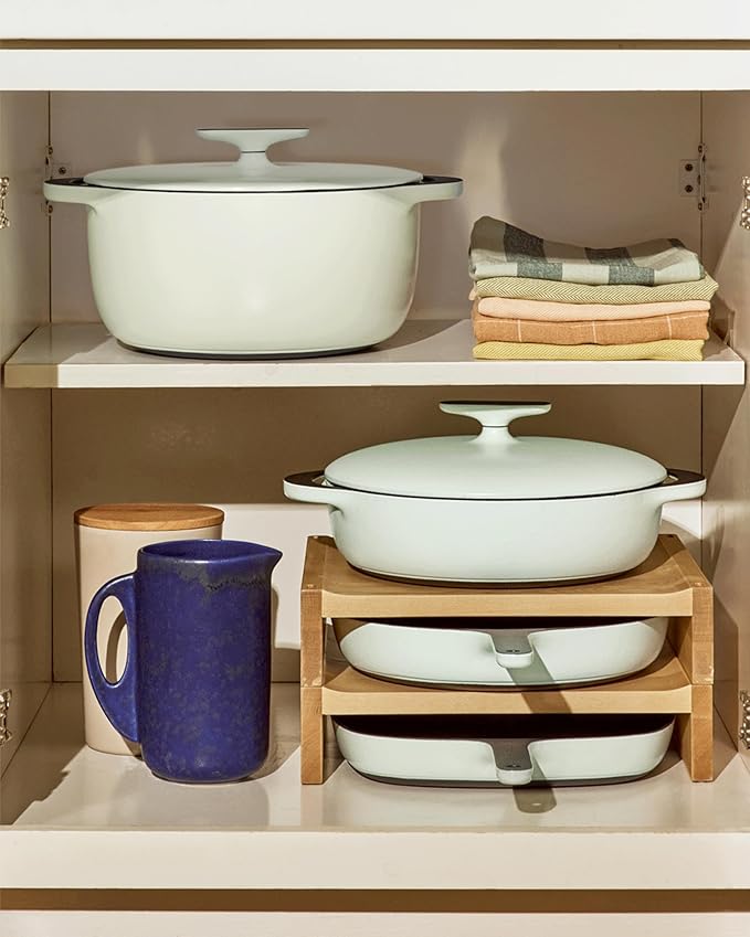 Caraway 8-Piece Enameled Cast Iron Set - 10.5” Skillet Grill Pan 3.5 qt Braiser Pan 6.5 qt Dutch Oven with Lid and Organizers - Non-Toxic 3-Layer Enamel Coating - No Seasoning Required - Dark Navy