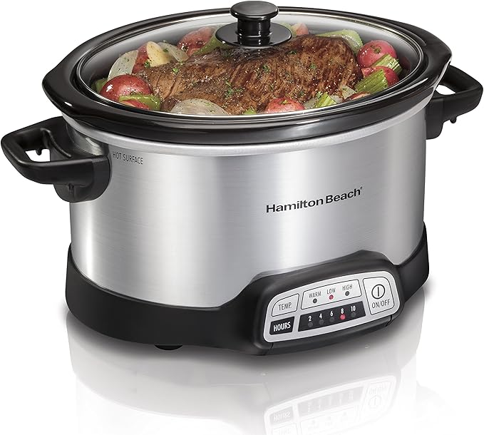 Hamilton Beach Power Elite Wave Action blender-for Shakes &amp Smoothies &amp Programmable Slow Cooker with Flexible Easy Programming 5 Cooking Times Dishwasher-Safe Crock Lid 4 Quart Silver