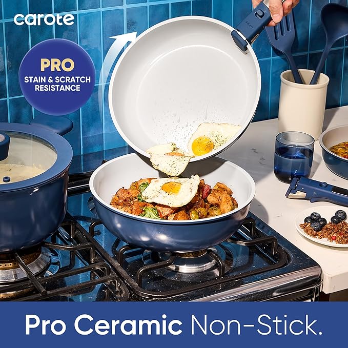 CAROTE 27pcs Ceramic Cookware Set Nonstick Pots and Pans Set Non Stick Non Toxic Cookware Detachable Handles Dishwasher/Oven Safe RV/Camping Cookware Pan and Pot with Kitchen Utensils Navy Blue