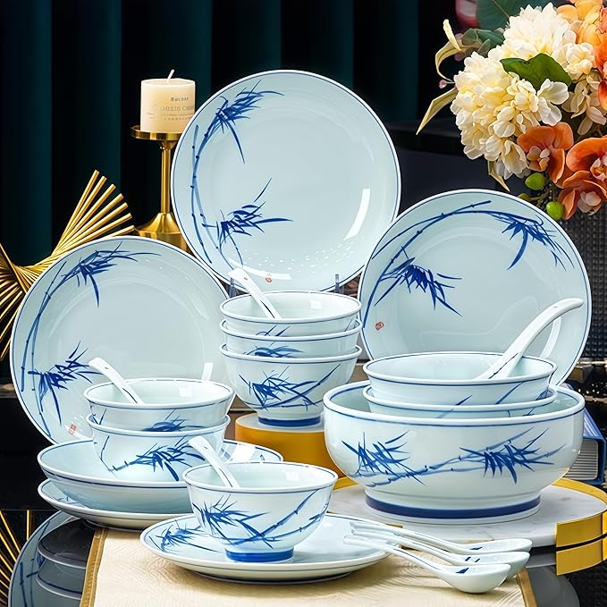 Fine Bone China Dinnerware Set Porcelain &ampCeramic Dinnerware SetsBone Stoneware &amp Ceramic Cookware Tableware Set Includes Dinner Plates|Spoons|Pasta Bowls|Soup Pot|Chopsticks (32 PCS)