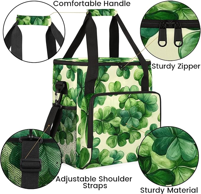 St Patricks Day Coffee Maker Travel Bag Clover Shamrock Insulated Grocery Bag Travel Picnic Leakproof Cooler Bags With Shoulder Strap