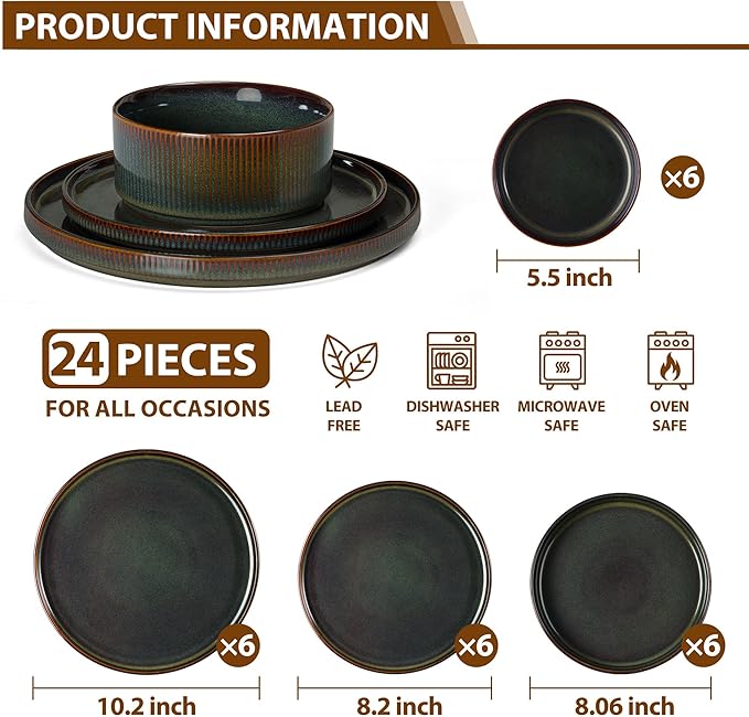 LIANYU Dinnerware Sets with Pasta Bowls 24 Piece Ribbed Dinnerware Plates and Bowls Set for 6 Elegant Modern Stoneware Dishes Set for Kitchen Dining Microwave and Dishwasher Safe Jungle Green