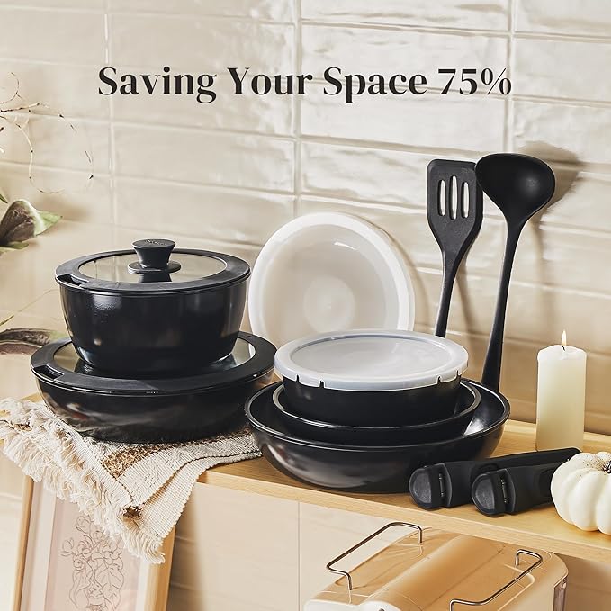 Redchef 16pcs Ceramic Pots and Pans Set Non Stick Nonstick Kitchen Cookware Set with Detachable Handle Non Toxic PFAS PFOA &amp PTFE Free RV Cookware Set for Camping Dishwasher/Oven Safe (Black)