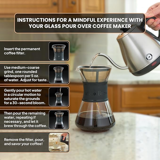 CAFE BREW COLLECTION Pour Over Coffee Maker with Permanent Filter 1.2 Liter 40 Ounce Black Band