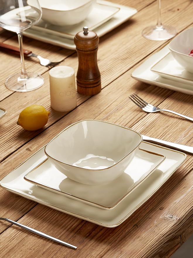 Famiware Ocean Square 12 Pieces Dinnerware Set + 6 Pieces Oval Dipping Bowl Set Microwave and Dishwasher Safe Vanilla White