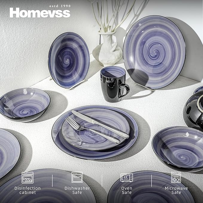 Sonoma Stoneware 16pc Dinnerware Set Outside Black + Inside Hand Painting Color Cobalt