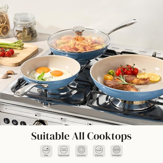Redchef Nonstick Cookware Sets Ceramic Frying Pan Set with Tempered Glass Lids Non Stick Cooking Set Dishwasher &amp Oven Safe Induction Safe Compatible with All Cooktops Blue (8 9.5 11)