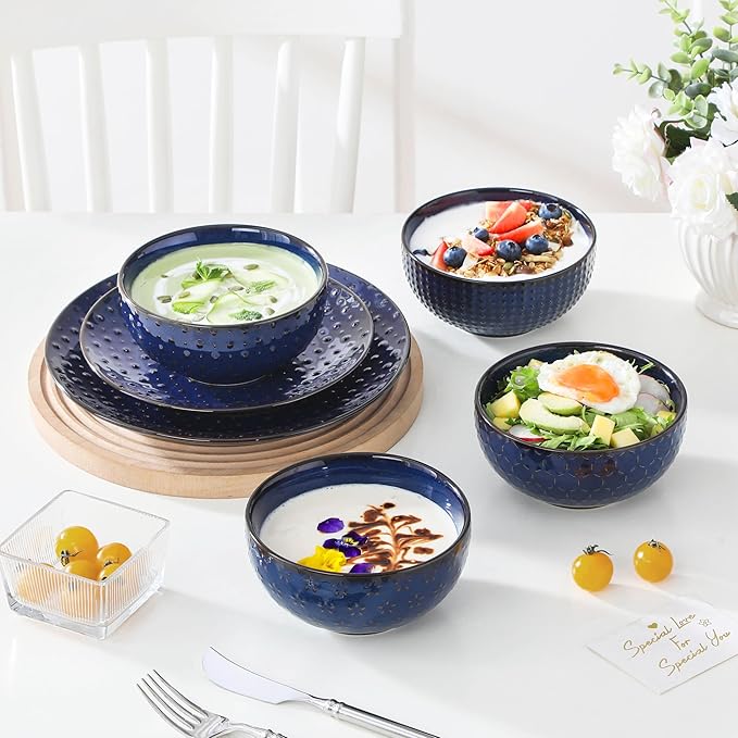 MALACASA 12 Pieces Dinnerware Sets Modern Plates and Bowls Sets Blue Dish Set for 4 Kitchen Ceramic Dinner Plates Dishware Set Microwave and Dishwasher Safe Series LYDIA