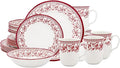 Tudor Royal 24-Piece Round Dinnerware Set Service for 6 Aster Pink Design Red Floral Plates Bowls Mugs Dishes High Gloss Premium Quality