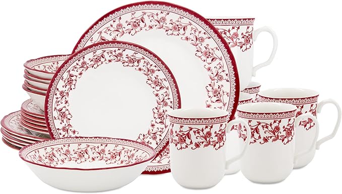 Tudor Royal 24-Piece Round Dinnerware Set Service for 6 Aster Pink Design Red Floral Plates Bowls Mugs Dishes High Gloss Premium Quality
