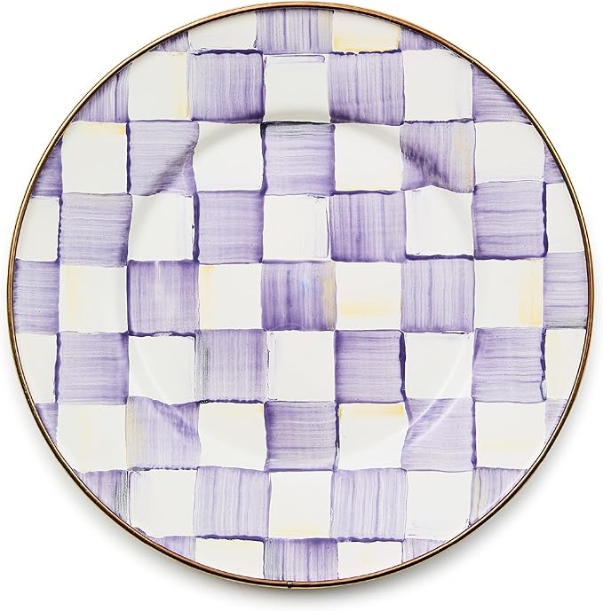 MACKENZIE-CHILDS Enamel Salad and Dessert Plate Small Plate for a Dessert or Appetizer Dish 8 Inches Purple-and-White Violet Check