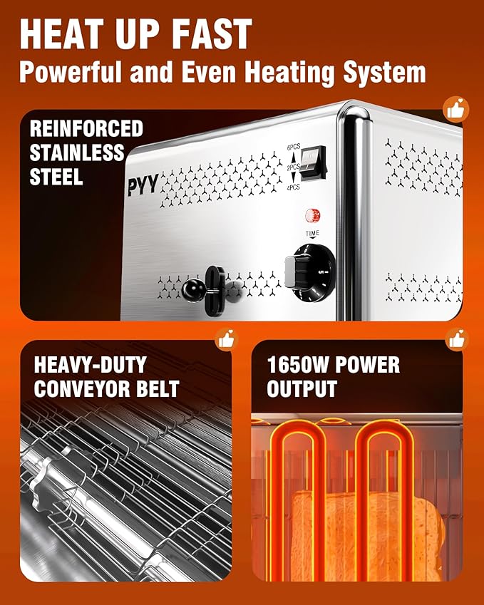 PYY Toaster Pop Up Wide Slots 1.57 inch Stainless Steel 6-Level Setting with Removable Crumb Tray 225 Slices/Hour 1800W - Bread Bagels Breakfast Texas Toast Restaurant Commercial
