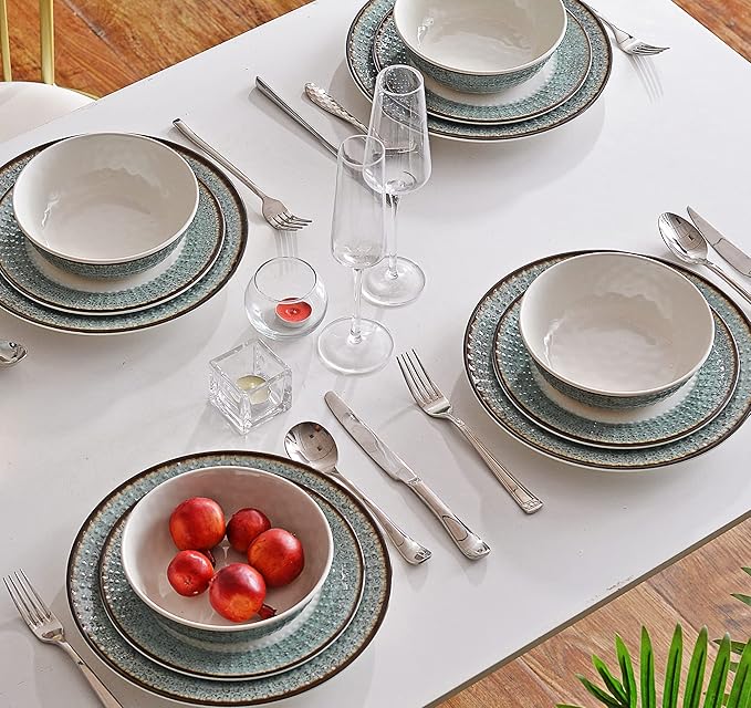 Melamine Dinnerware Sets12pcs Plates and Bowls Sets Melamine Dishes Set for 4 UnbreakableDishwasher Safe BPA FreeGreat for Indoor UseCamping BBQRV PartyRustic Style (Teal)