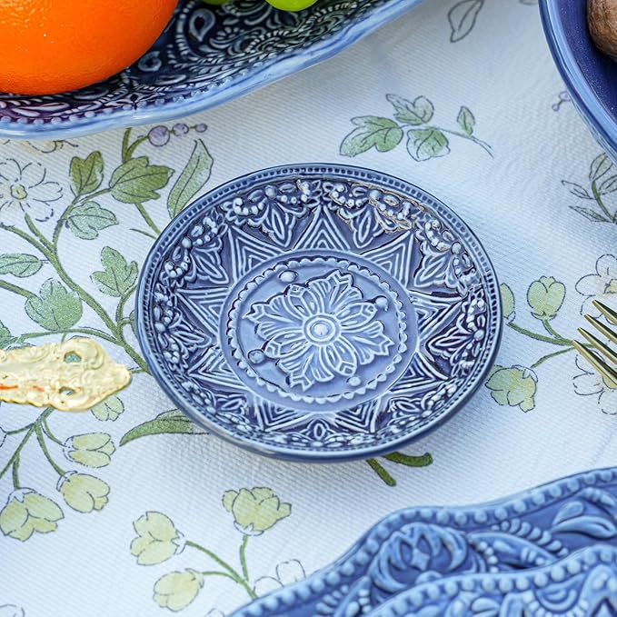 Sungmor Embossed Stoneware Fine Dining Dinnerware Antique Baroque Style Porcelain 4 Inch Soy Saucer Dish Set of 4 Sophisticated Ceramic Dipping Bowl Appetizer Dessert Plate Ketchup Spices Bowl