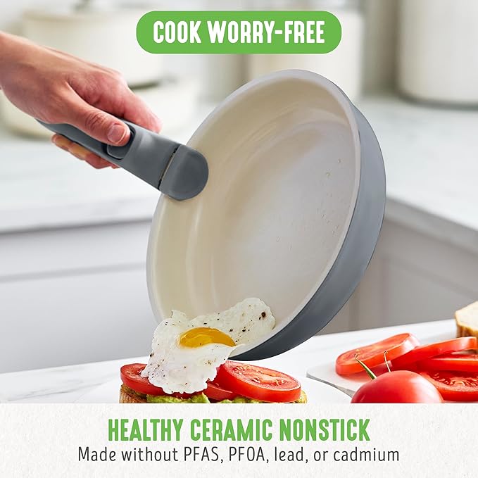 GreenLife 10 Piece Nonstick Pots &amp Pans Set Detachable Handle &amp Stackable Cookware Set Non Toxic PFAS-Free Skillets Induction Kitchen Pans Space Saving Serving Bowls Oven Safe Graphite