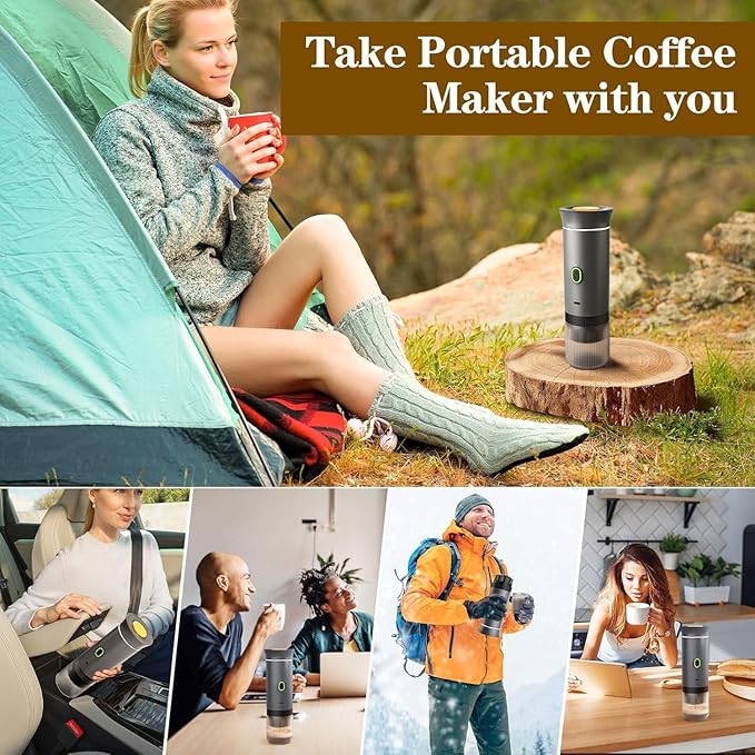 CAFFETTO - Portable 3-in-1 Coffee Maker (Capsule &amp Ground) - USB-C self-heating espresso machine - 20-bar pump pressure 7500mAh battery - One-touch operation detachable parts - Grey