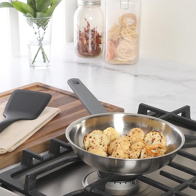 Oster Beauford 8-Inch Stainless Steel Frying Pan – Induction Oven &amp Dishwasher Safe Skillet Soft-Touch Gray Handle 5-Ply Encapsulated Bottom