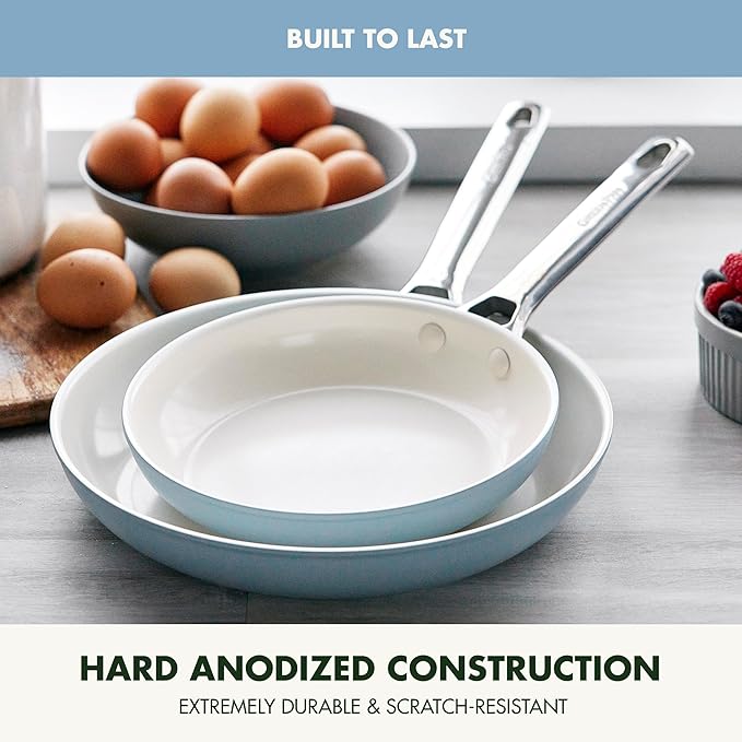 GreenPan Padova Pro 8 and 10 2 Piece Frying Pan Skillet Set Hard Anodized Healthy Ceramic Nonstick PFAS-Free Cookware Induction Suitable Stainless Steel Handle Dishwasher and Oven Safe Blue Haze