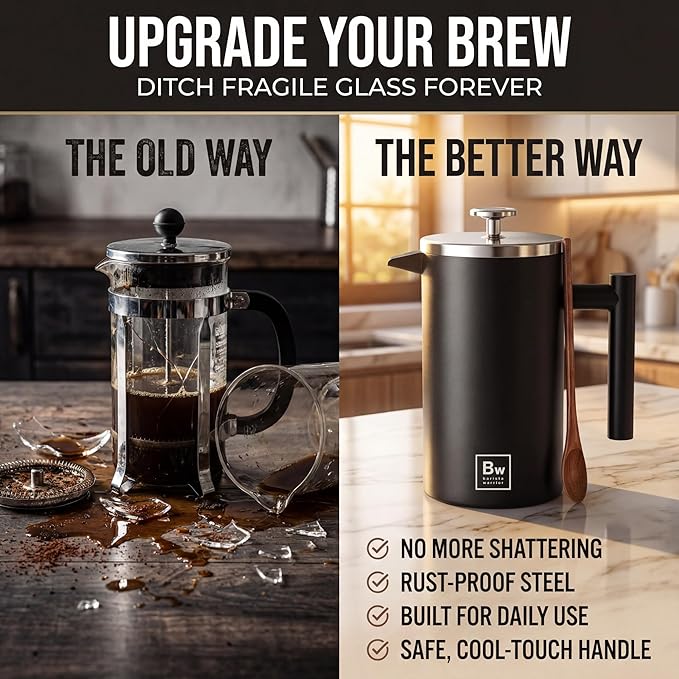 Barista Warrior French Press Coffee Maker Stainless Steel with Built-In Thermometer - Insulated Double Wall Design Dual Filter System Stay-Cool Handle &amp Wood Spoon - Black