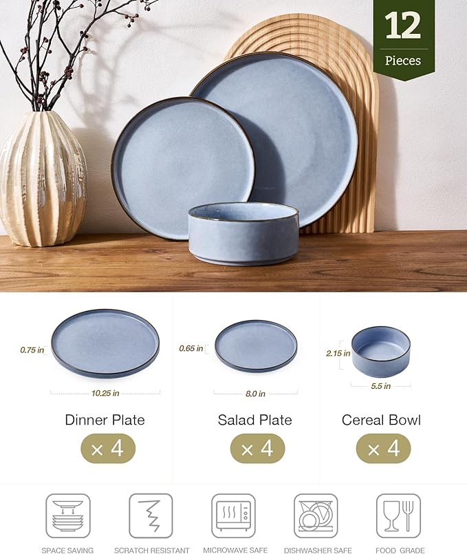 Famiware Annecy Plates and Bowls Sets 12 Pieces Dinnerware Sets Microwave and Dishwasher Safe Dishes Set for 4 Chip and Scratch Resistant Reactive Blue
