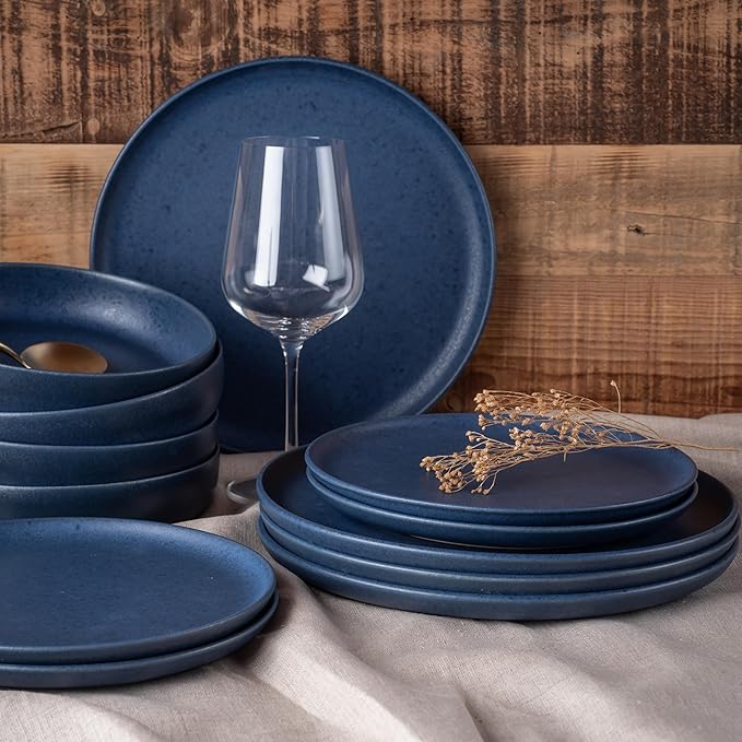 Porto by Stone Lain Macchio 24-Piece Premium Kitchen &amp Dining Dinnerware Set Stoneware Blue Matte Crafted in Portugal Dishwasher and Microwave Safe Scratch-Resistant Dish Set for 8