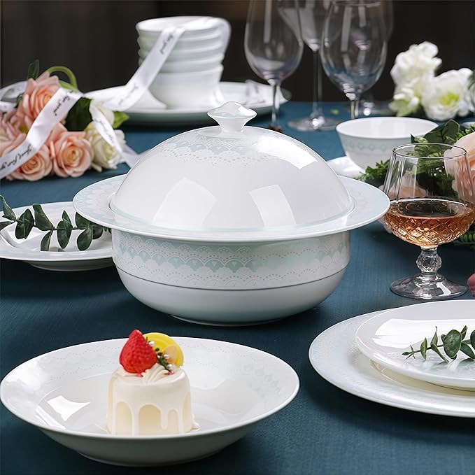 Fine Bone China Dinnerware SetPorcelain&ampCeramic Dinnerware SetsBone Stoneware &amp Ceramic Cookware Tableware Set Includes Dinner Plates|Spoons|Pasta Bowls|Soup Pot|Chopsticks (50PCS * 8-Person