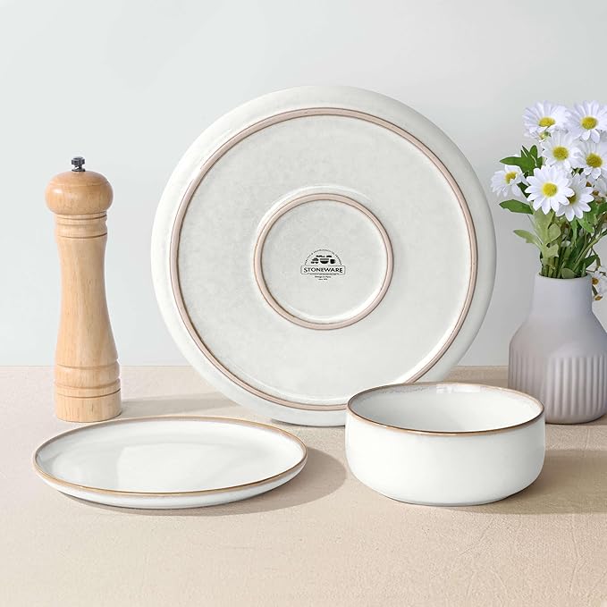 Herogo 12 Pieces Stoneware Dinnerware Sets with 10.43 Inch Dinner Plates Set of 6 Ivory White