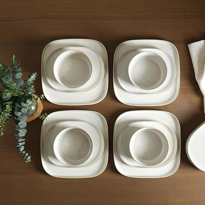 Stone Lain Cairo 12-Piece Dinnerware Set Stoneware Plates and Bowls Set Microwave and Dishwasher Safe Includes Dinner and Salad Plates Cereal Bowls Dish for 4 White Speckled