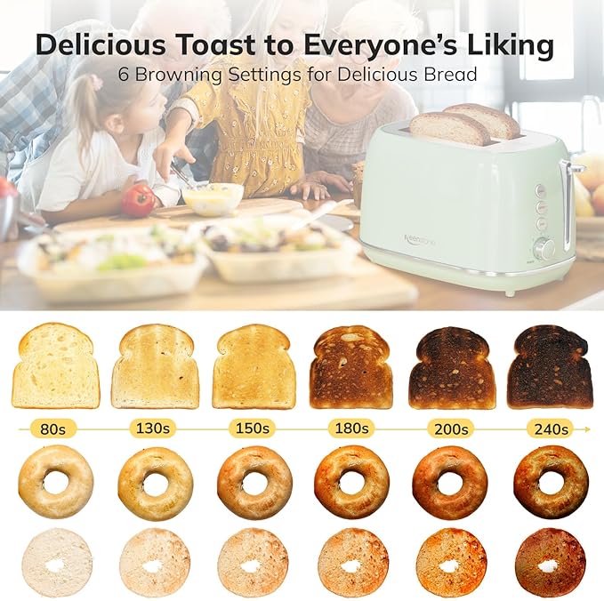 2 Slice Stainless Steel Toaster Retro with 6 Bread Shade Settings Bagel Cancel Defrost Function Extra Wide Slot Removable Crumb Tray Green