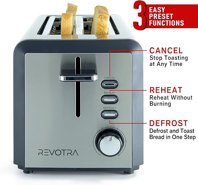 4 Slice Long Slot Stainless Steel Toaster with Extra Wide 1.5” Slots 6 Shade Browning Settings Defrost Reheat Cancel Functions Even Toasting for Artisan &amp Sourdough Bread Removable Crumb Tray