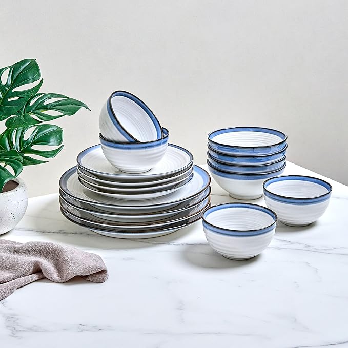 Sango Siterra Santorini 16-Piece Stoneware Dinnerware Set for 4 Ceramic White Plates and Bowls Sets with Blue Rim &amp Reactive Glaze Chip Resistant Dish Set Microwave &amp Dishwasher Safe Kitche