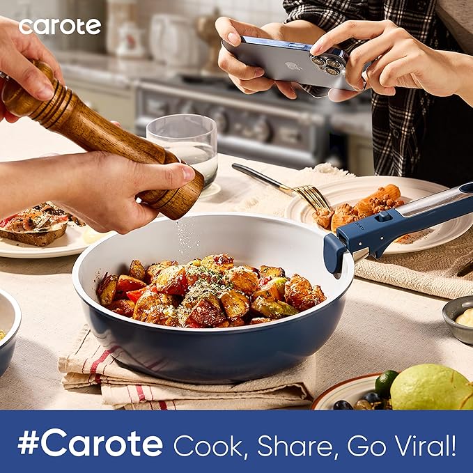 CAROTE 27pcs Ceramic Cookware Set Nonstick Pots and Pans Set Non Stick Non Toxic Cookware Detachable Handles Dishwasher/Oven Safe RV/Camping Cookware Pan and Pot with Kitchen Utensils Navy Blue