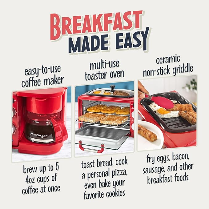Nostalgia 3-in-1 Retro Breakfast Station - Includes 5 Cup Coffee Maker Non-Stick Ceramic Griddle and 4-Slice Toaster Oven - Built-In Timer Reusable Coffee Filter Space-Saving Design - Red
