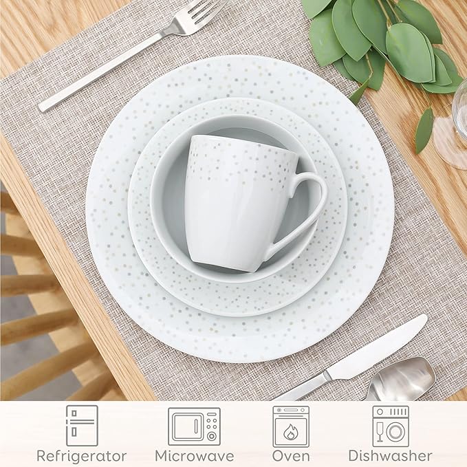 VEWEET Series Orion 16-Piece Dinner Set of Porcelain Combination Set with 10.75 Dinner Plate 7.5 Dessert Plate 5.5 Cereal Bowl and 380ml Mug Service for 4