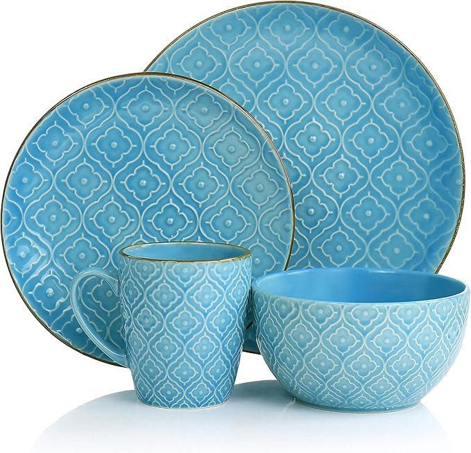 16 Piece Embossed Stoneware Dinnerware Set – Teal Dishes with Glossy Finish and Trimmed Edges Microwave &amp Dishwasher Safe Tableware Set for 4 Elegant Dinner Plates and Bowls