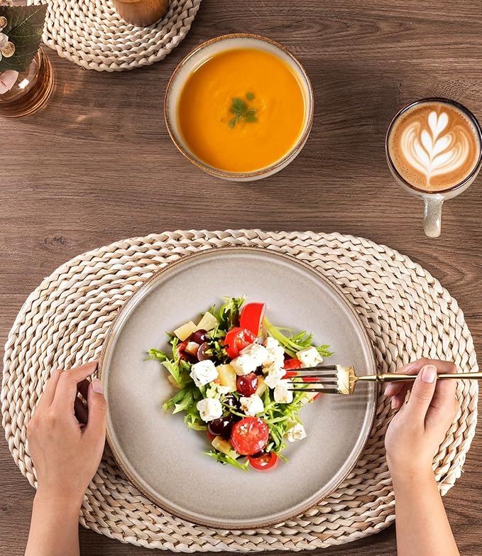 GBHOME Dinnerware Sets for 4 12 Pieces Stoneware Plates and Bowls Sets Scratch Resistant Ceramic Dishes Dishwasher &amp Microwave Safe Reactive Glaze-Almond Cream