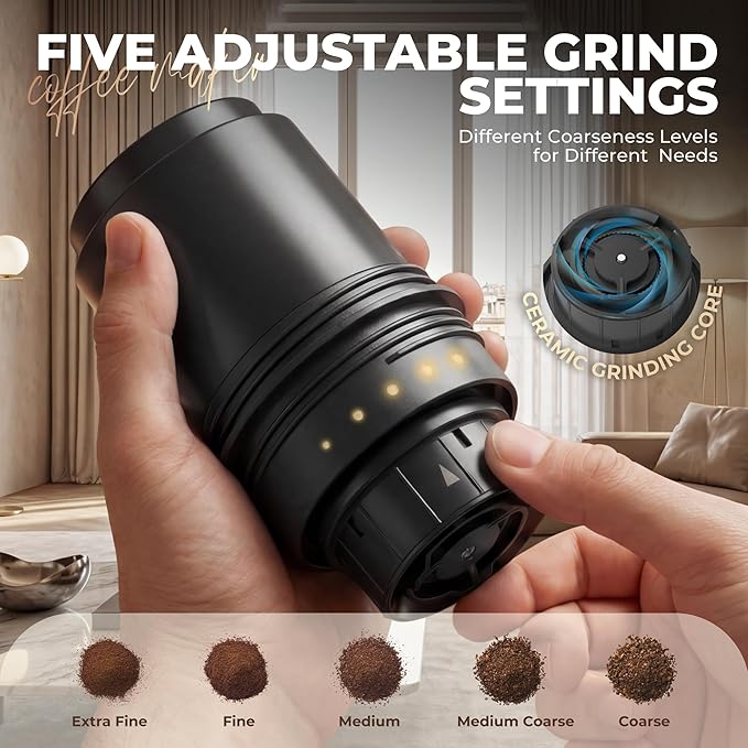 HAUSHOF Portable Coffee Maker Travel Coffee Maker Battery Operated Small Pour Over Set Compact Coffee Maker with Electric Grinder &amp Insulated Mug for Travel Camping Car
