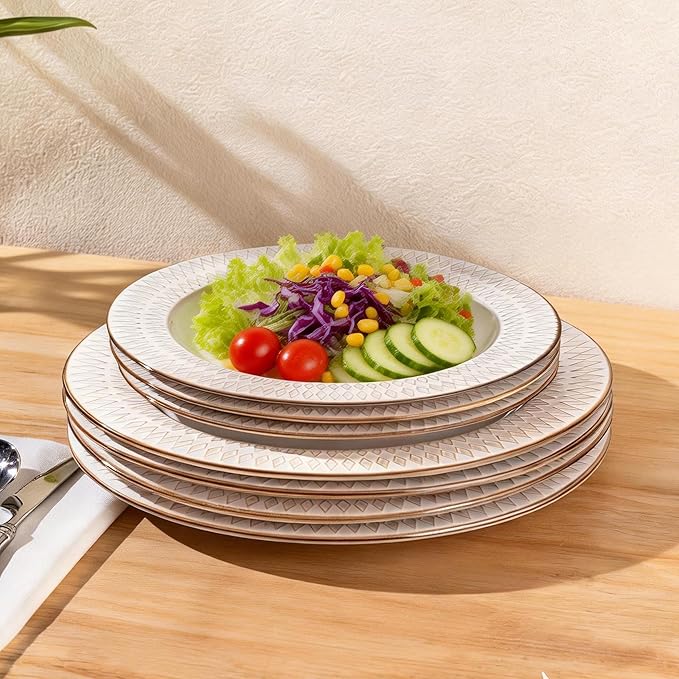 GBHOME Ceramic Dinnerware Sets 24 pcs Embossed Elegant Stoneware Plates and Bowls Sets Housewarming Wedding Gift | Dishwasher &amp Microwave Safe | Dishes Set Service for 8